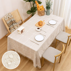 Checkered Tassel Tablecloth Washable Tablecloth Cotton Linen Waterproof Cloth