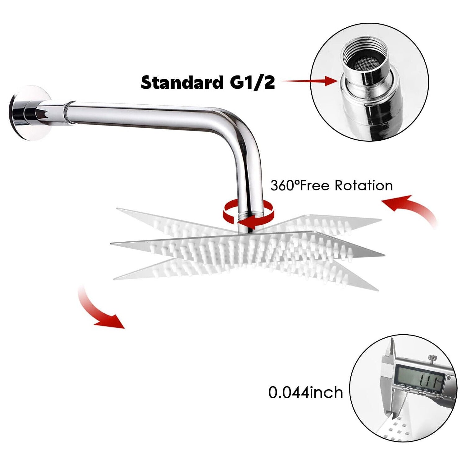 Rain Shower Head Square ,Made of Stainless Steel with Anti-Limescale Nozzles