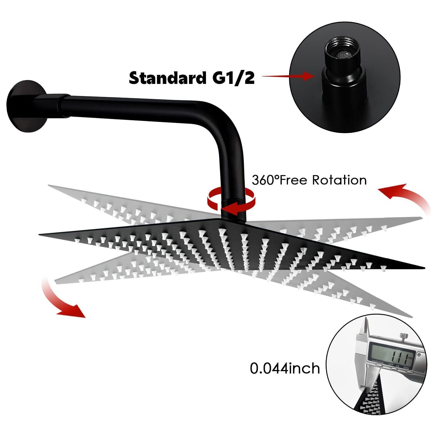 Rain Shower Head Square ,Made of Stainless Steel with Anti-Limescale Nozzles