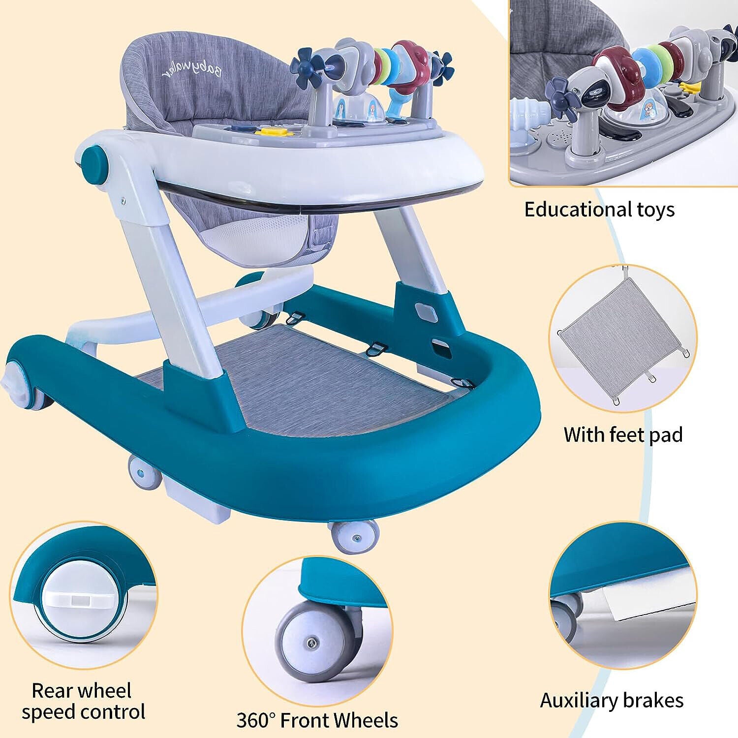 Feet Baby Walker Anti Fall Convertible Walker In To Push walker with Adjustable Speed Wheels & 2 Levels Height Adjustments & Detachable Toy Bar With Music & Light,