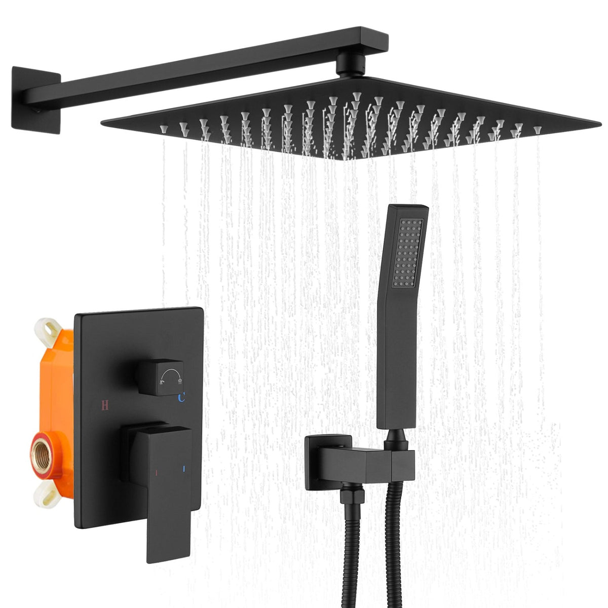 Matte Black Bathroom Rainfall Shower System Wall Mounted 10 Inch