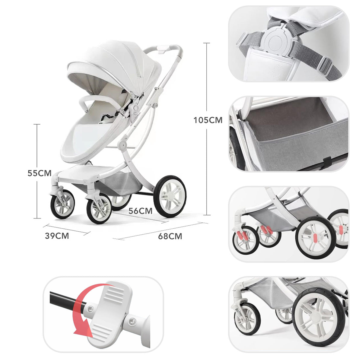 Eggshell Design Luxury 3 in1 Baby Pram Stroller ,Seat, Sleeping Basket,Folding High Landscape Pram Stroller,Newborn Pushchair With Aluminum Alloy Frame,