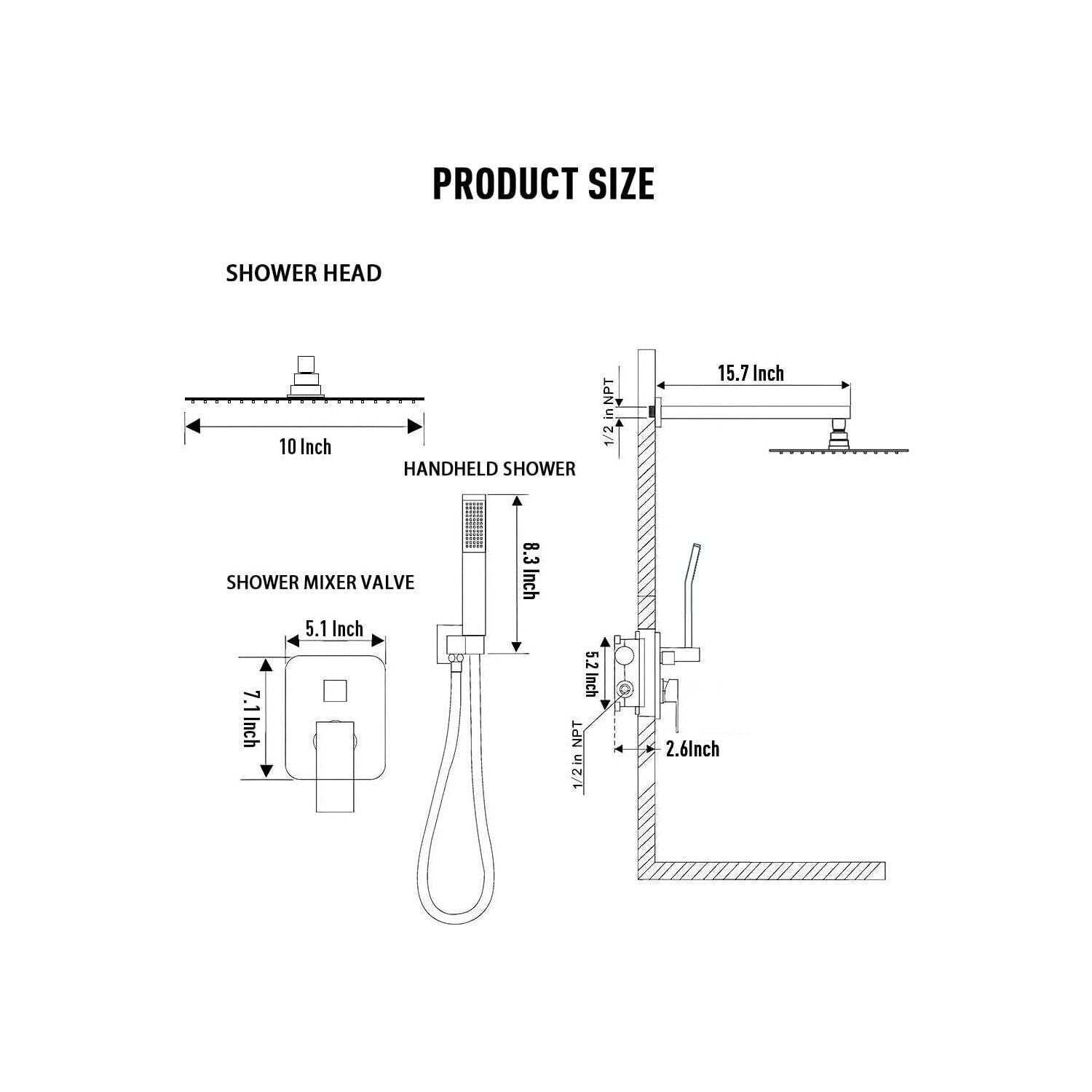 Matte Black Bathroom Rainfall Shower System Wall Mounted 10 Inch