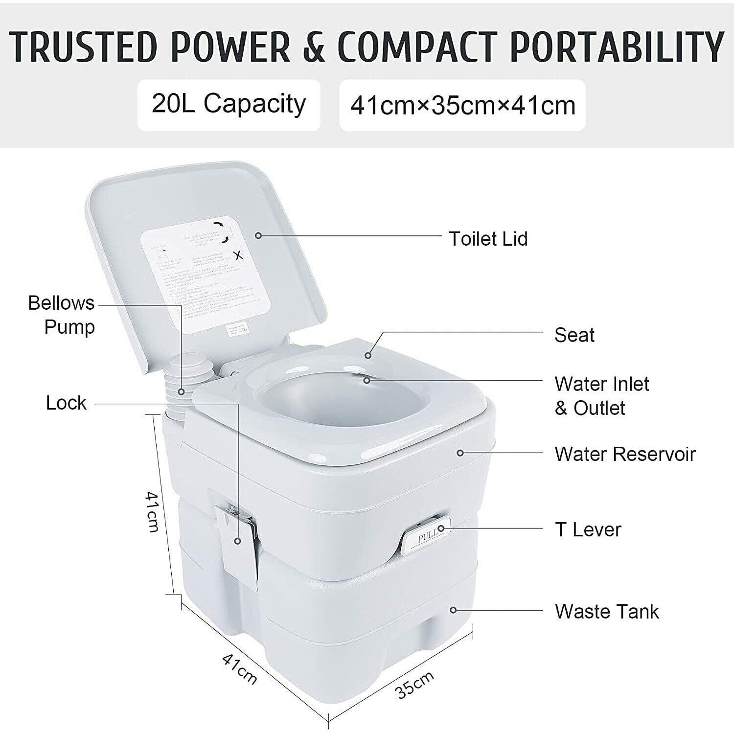 Portable Toilet 20L, Lightweight Flushable Outdoor Toilet with Removable Tank