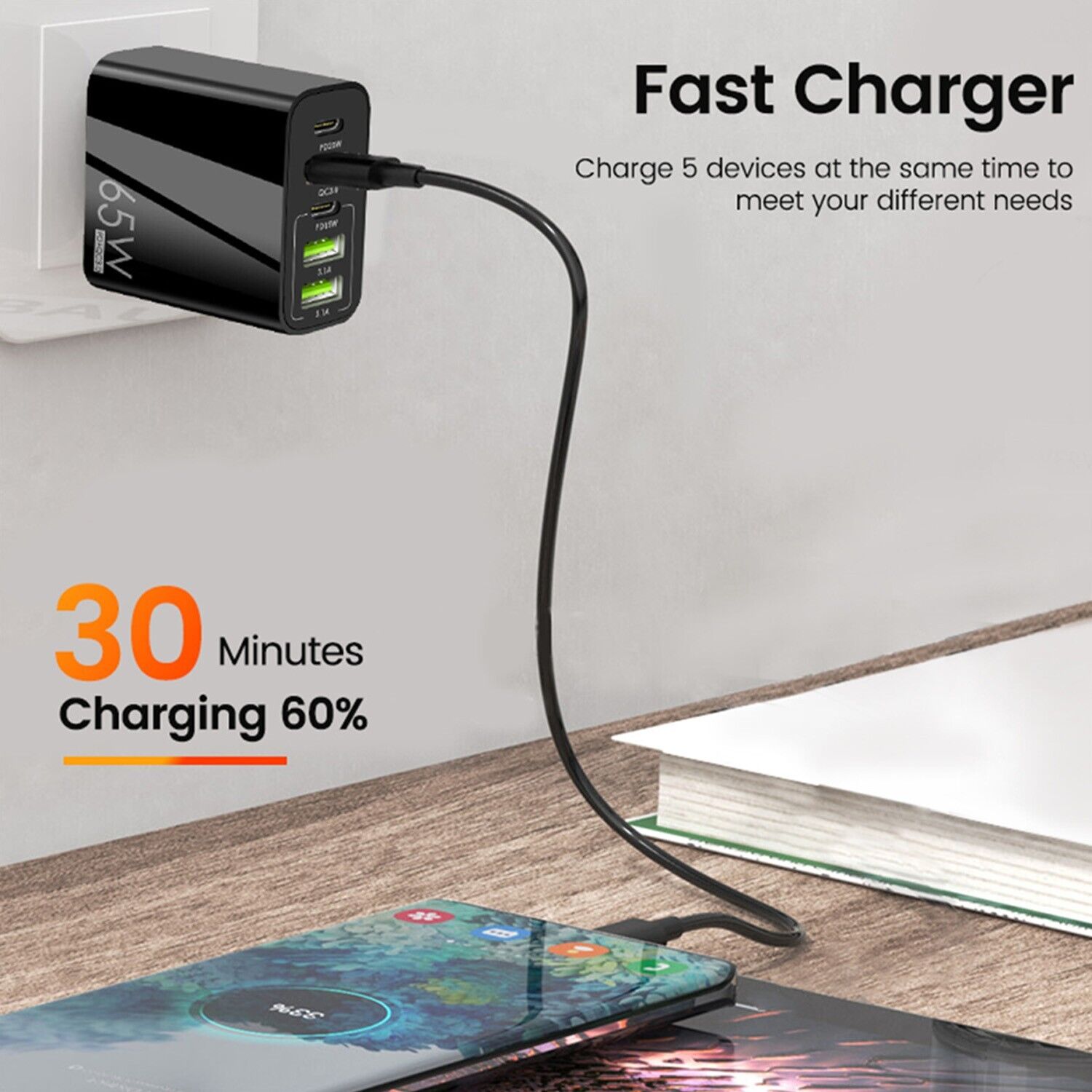 5 Port PD Plug 65W USB-C Type C Fast Wall Charger Adapter Fast USB Charger UK