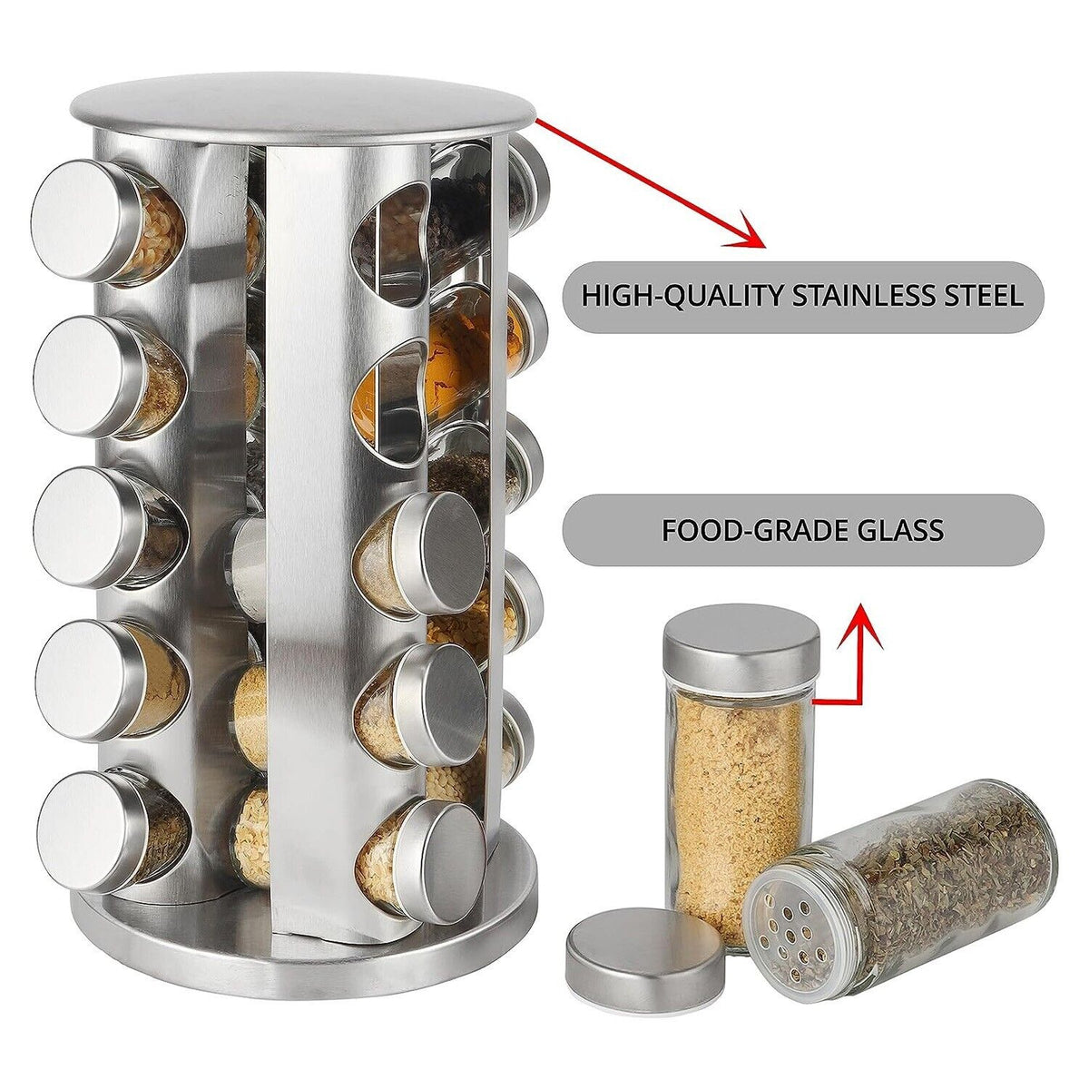 20 Glass Jar Revolving Countertop Spice Rack, Rotatable, Stainless Steel