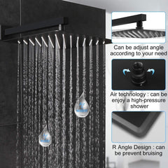 Matte Black Bathroom Rainfall Shower System Wall Mounted 10 Inch