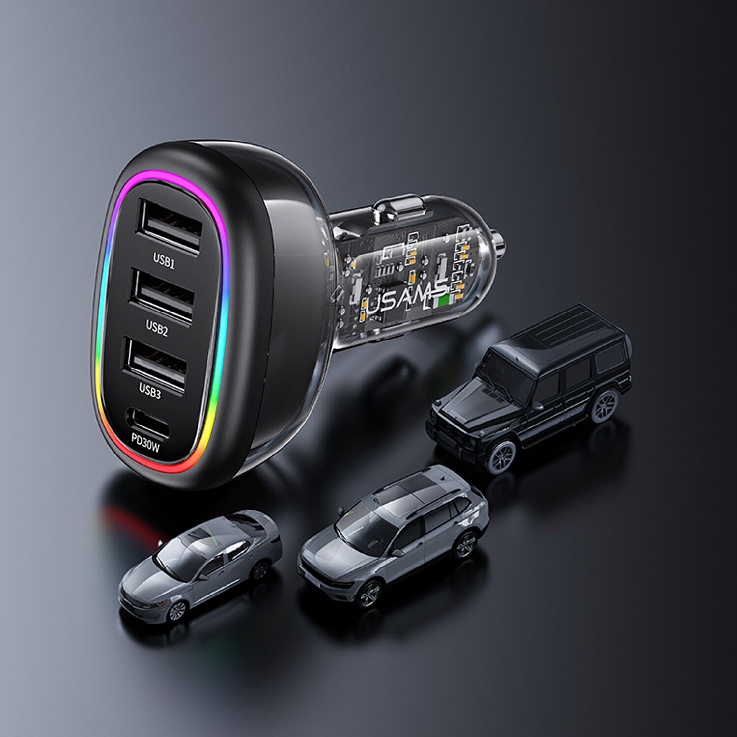 USAMS 48W 4-port Transparent Car Fast Charger with Colorful Lights(Black)