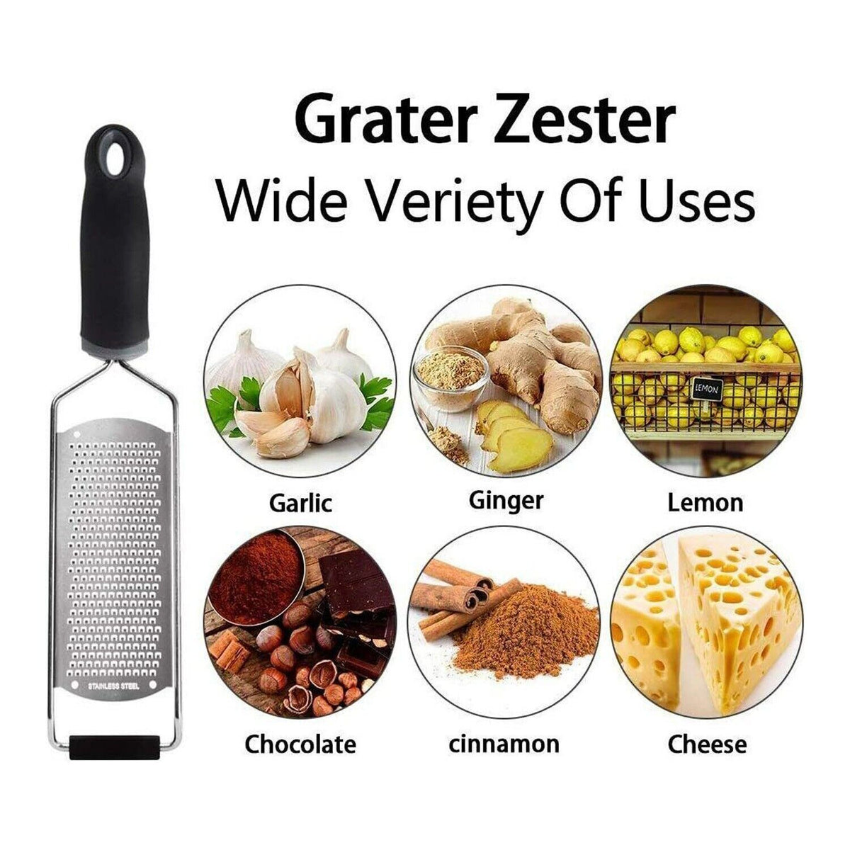 Stainless Steel Cheese Grater Zester Ginger Lemon Shredder TPR Handle 7" Blade