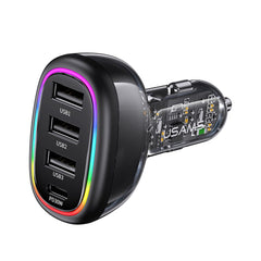 USAMS 48W 4-port Transparent Car Fast Charger with Colorful Lights(Black)